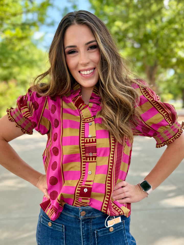 Magenta Mix Puff Sleeve Blouse