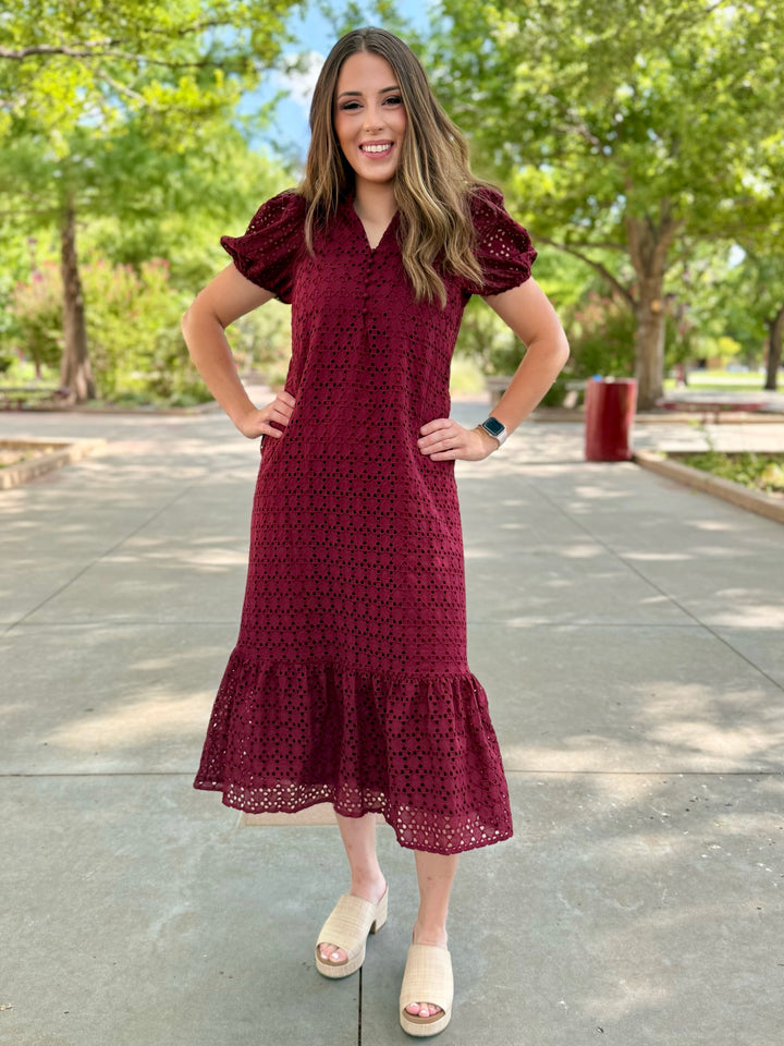All About Maroon Eyelet Midi Dress