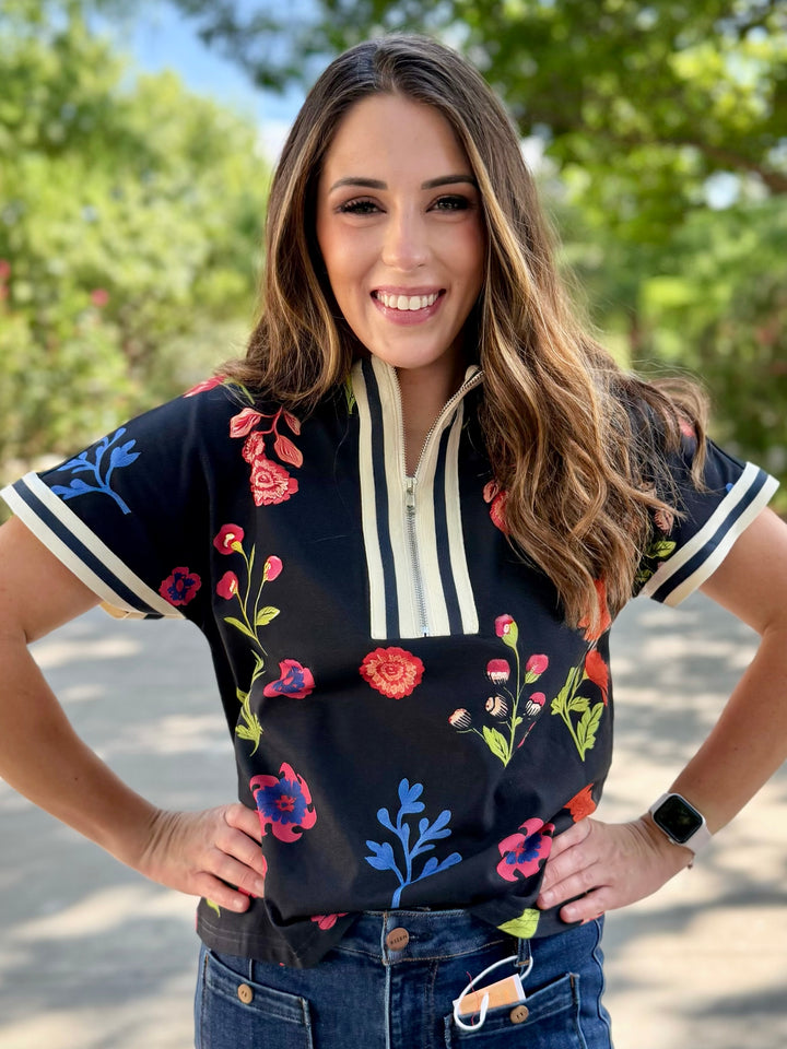 Field of Blooms Navy 1/4 Zip Top
