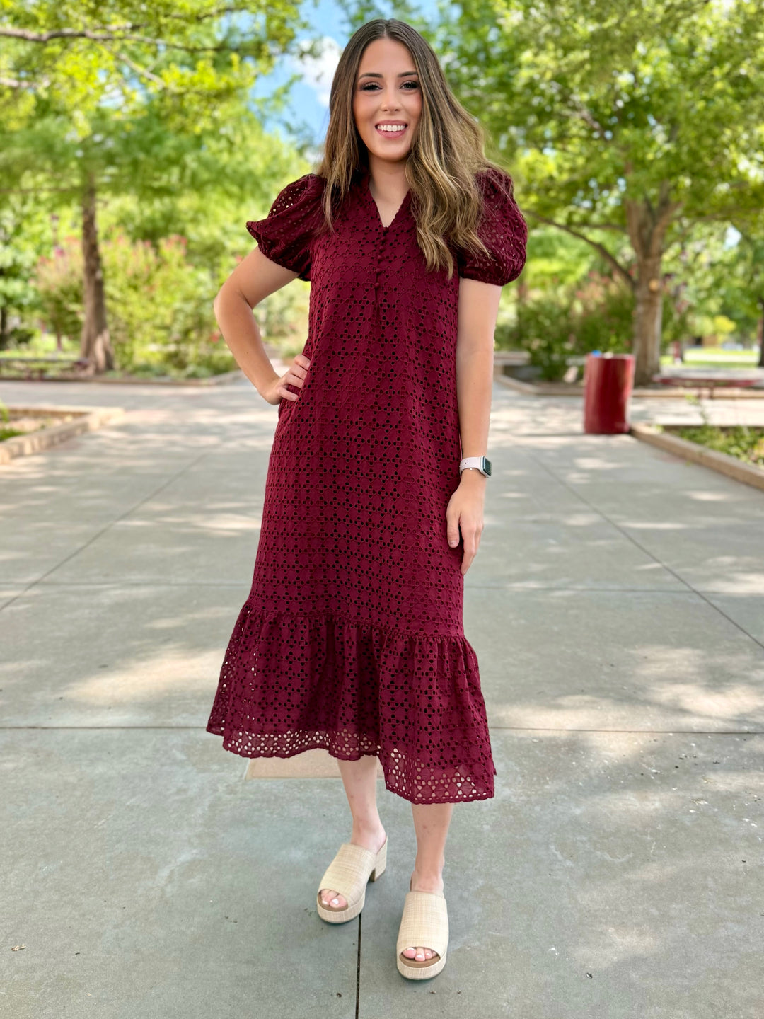All About Maroon Eyelet Midi Dress