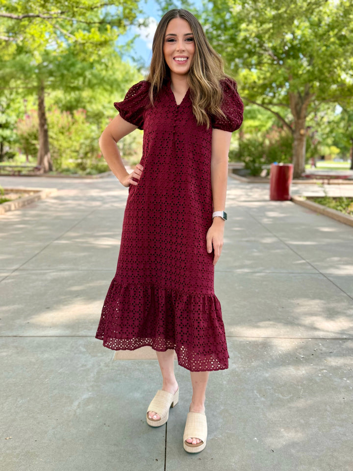 All About Maroon Eyelet Midi Dress