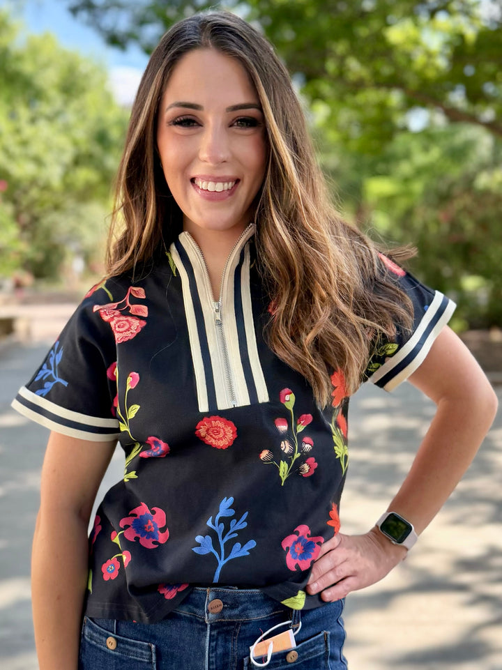 Field of Blooms Navy 1/4 Zip Top