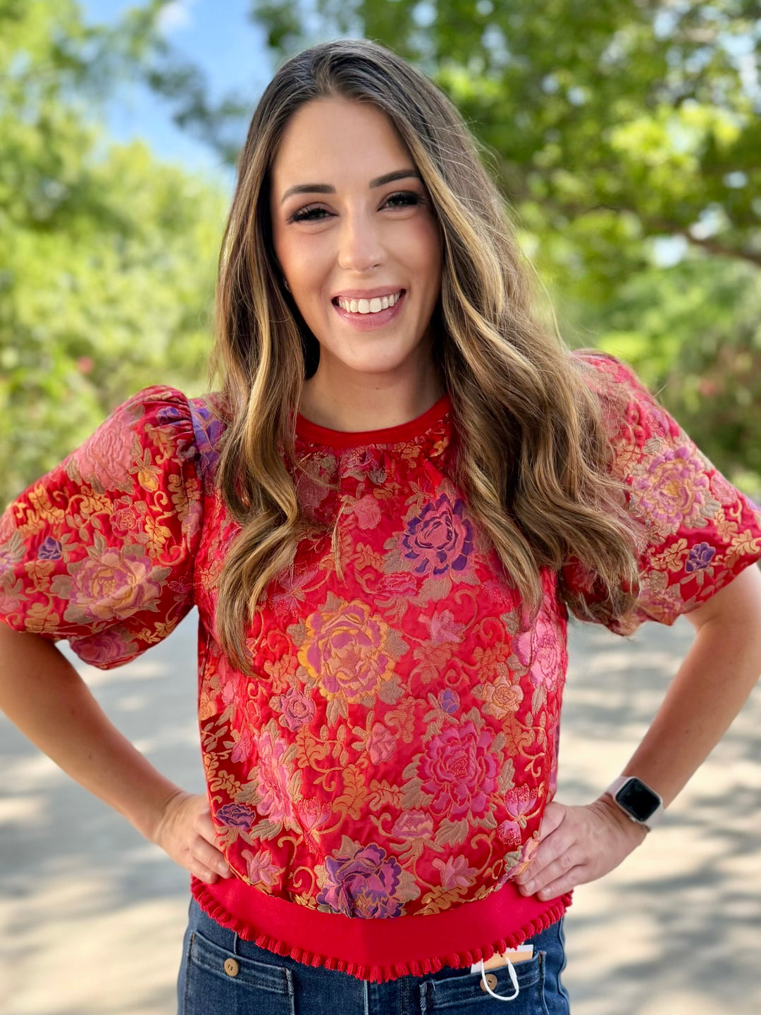 Blooming Red Embossed Floral Top