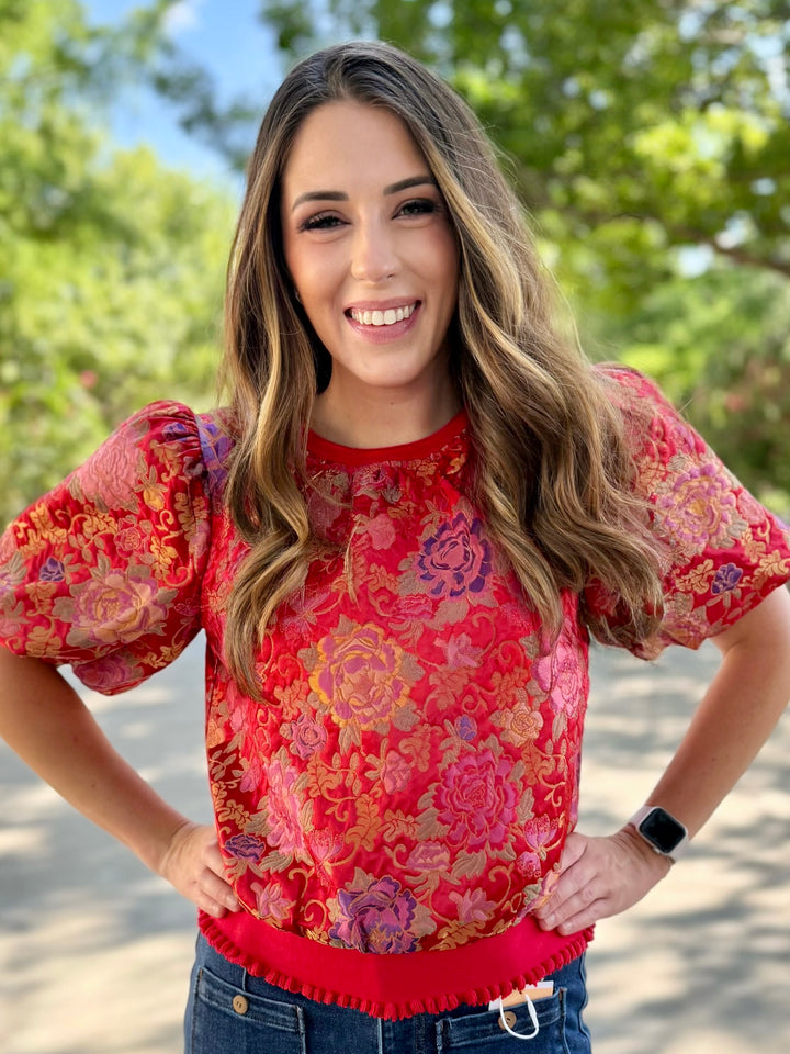 Blooming Red Embossed Floral Top