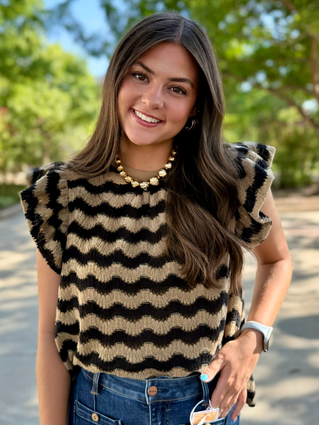 Brown Swirl Ruffle Sleeve Sweater