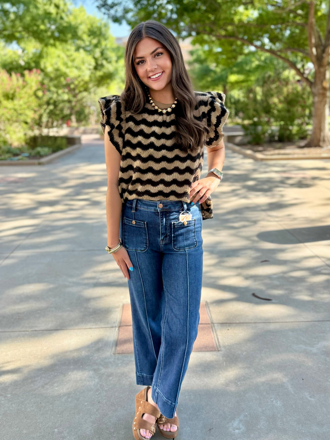 Brown Swirl Ruffle Sleeve Sweater