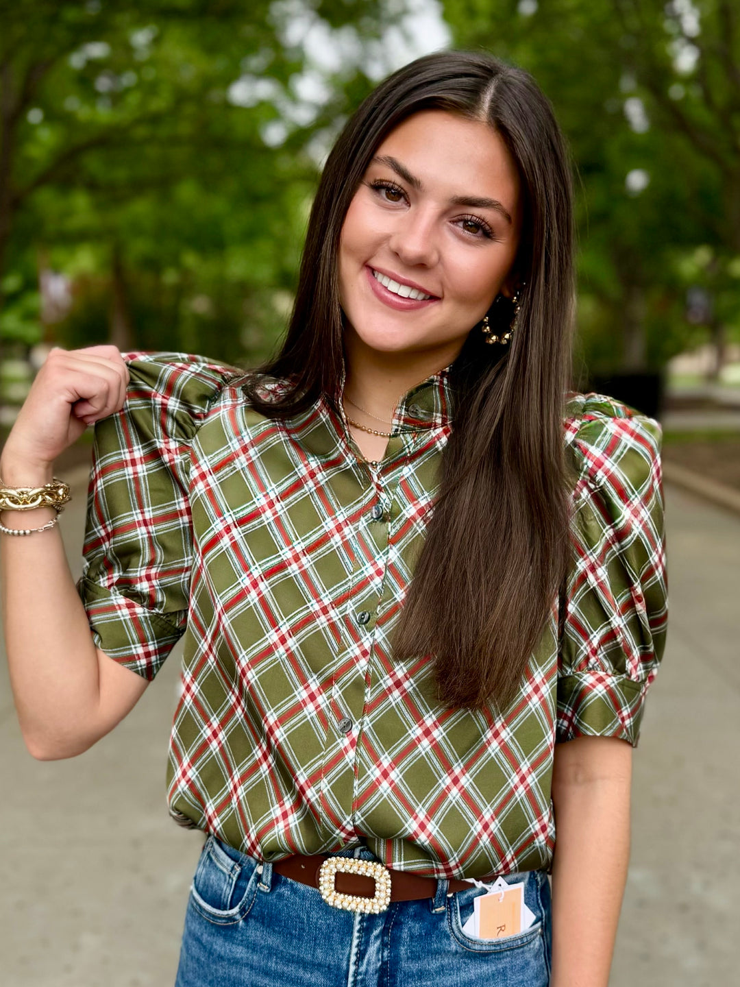 Olive You More Plaid Puff Sleeve Top