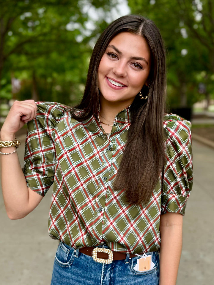 Olive You More Plaid Puff Sleeve Top