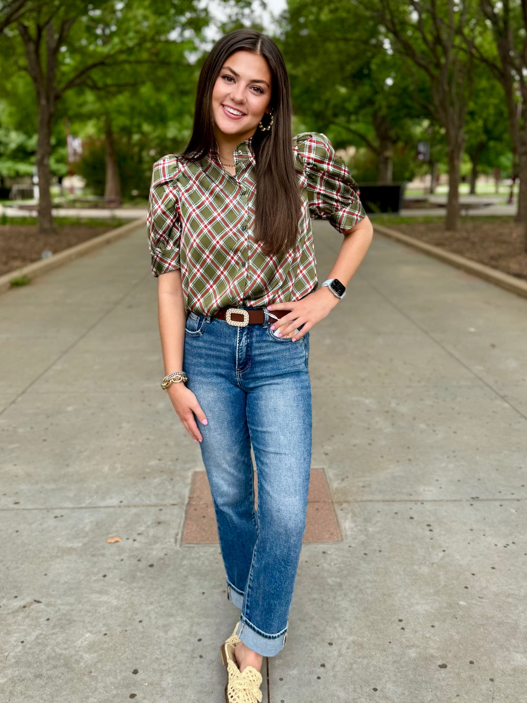 Olive You More Plaid Puff Sleeve Top