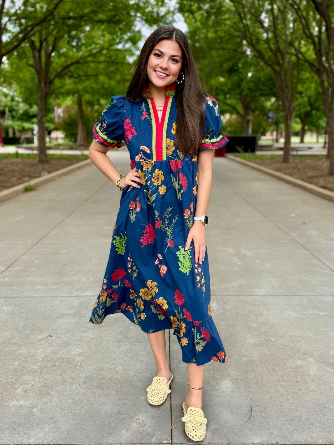 Bloom Where You Are Navy Floral Midi Dress