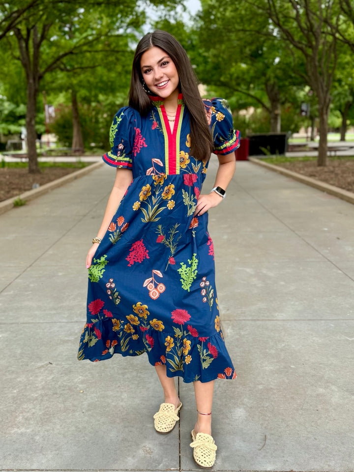 Bloom Where You Are Navy Floral Midi Dress