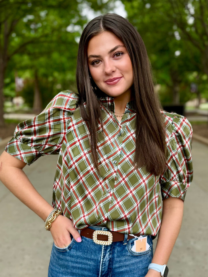 Olive You More Plaid Puff Sleeve Top