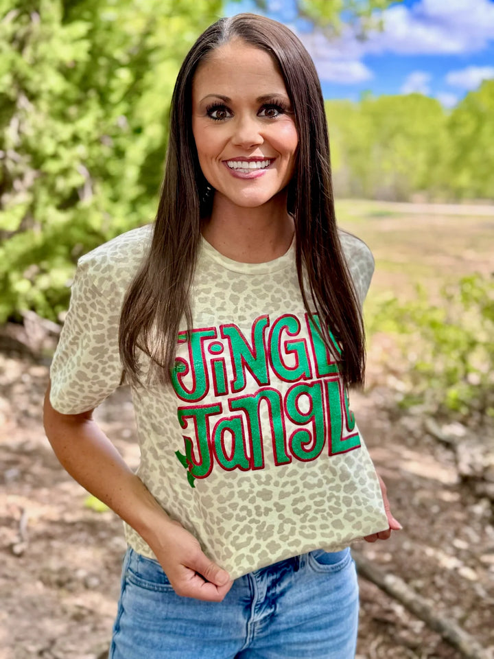 Jingle Jangle Glitter Puff on Natural Leopard Tee by Texas True Threads