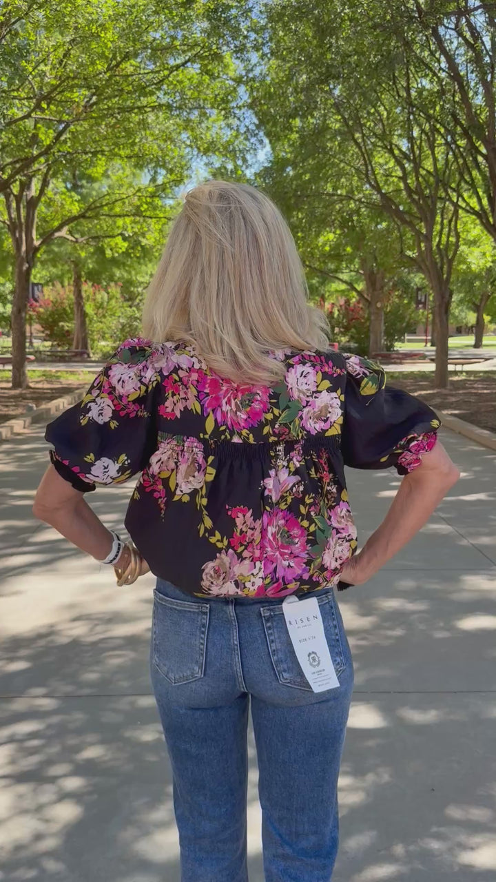 Black Garden Floral V-Neck Top