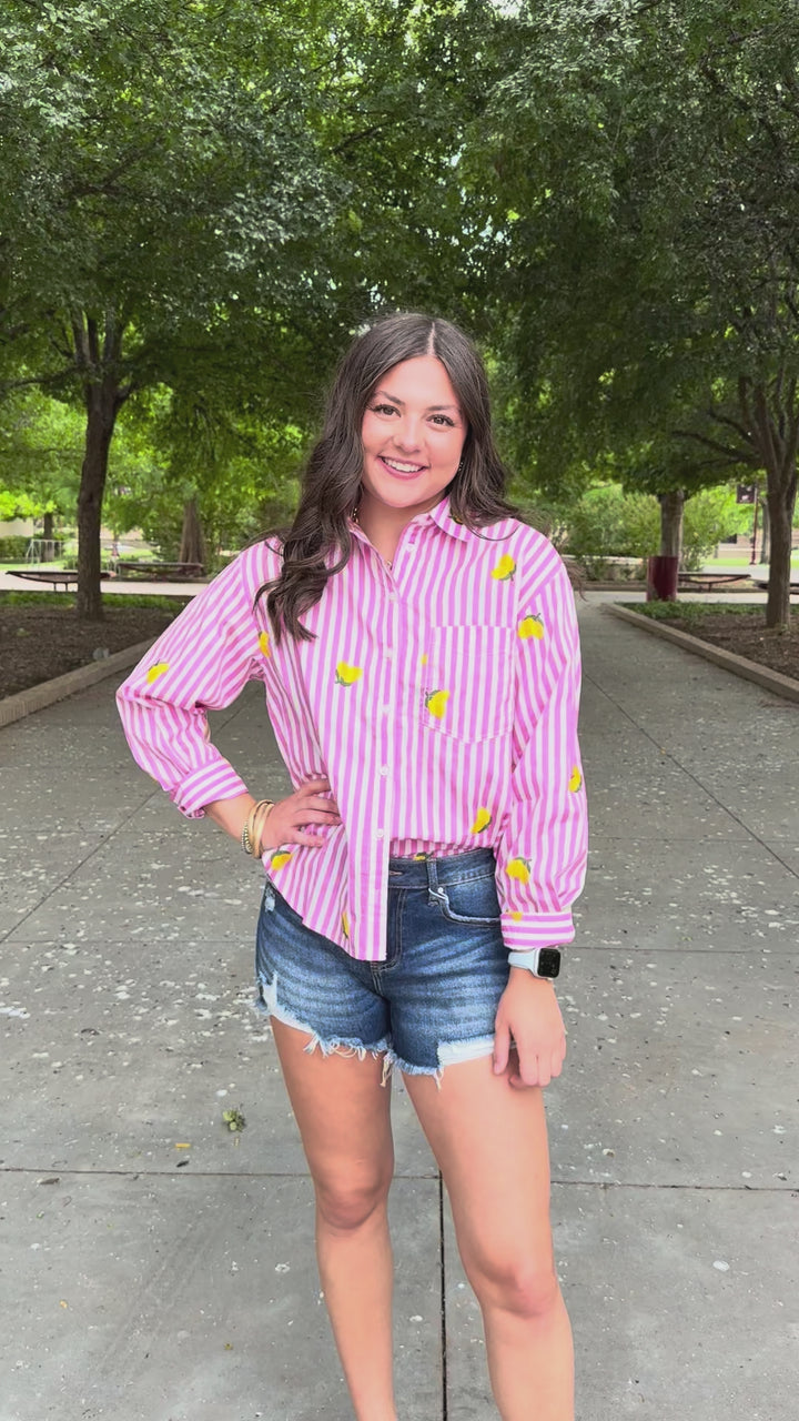 Lemon Drop Lane Pink Striped Button Up Top