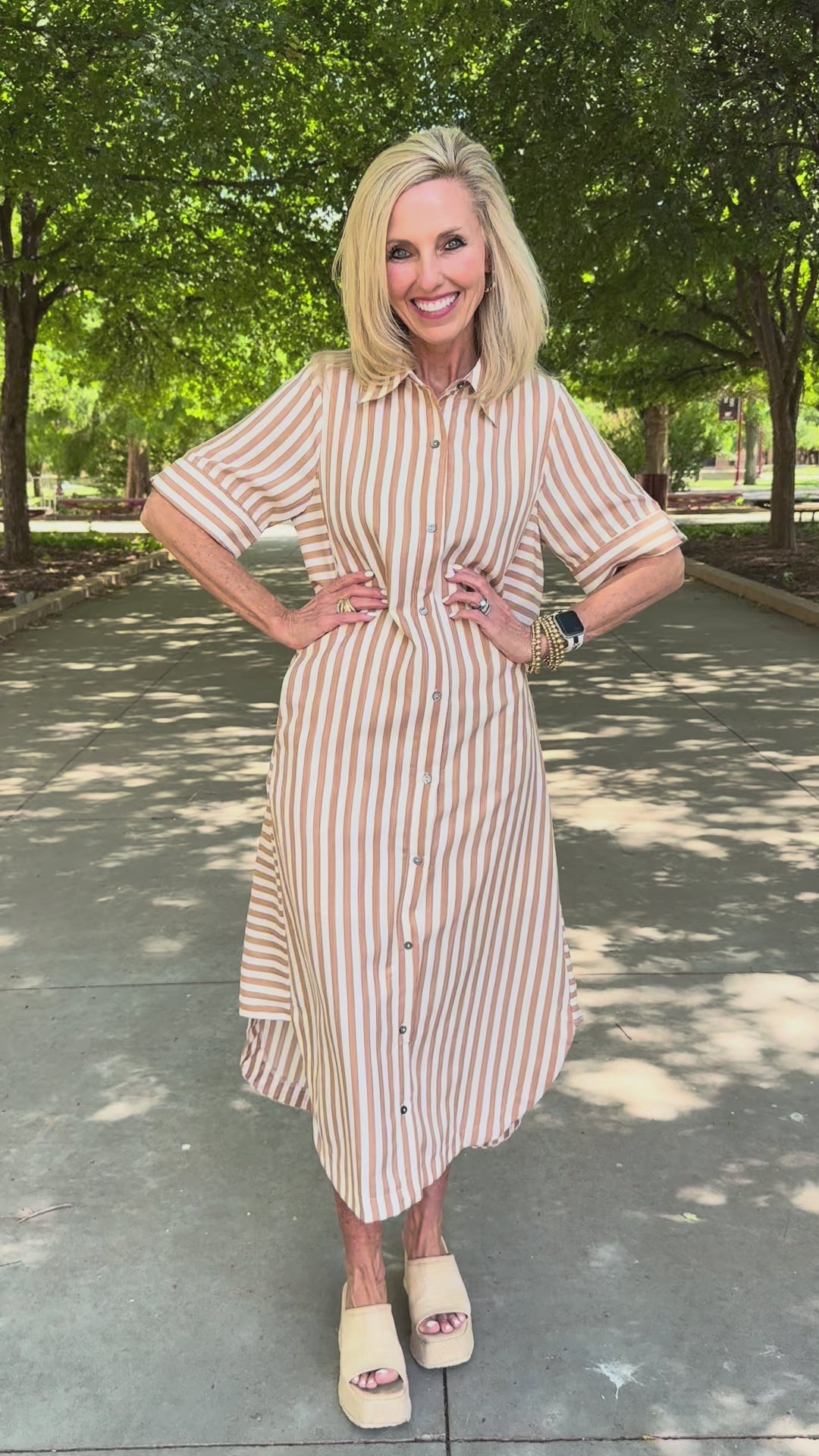 Effortless Taupe Striped Midi Dress