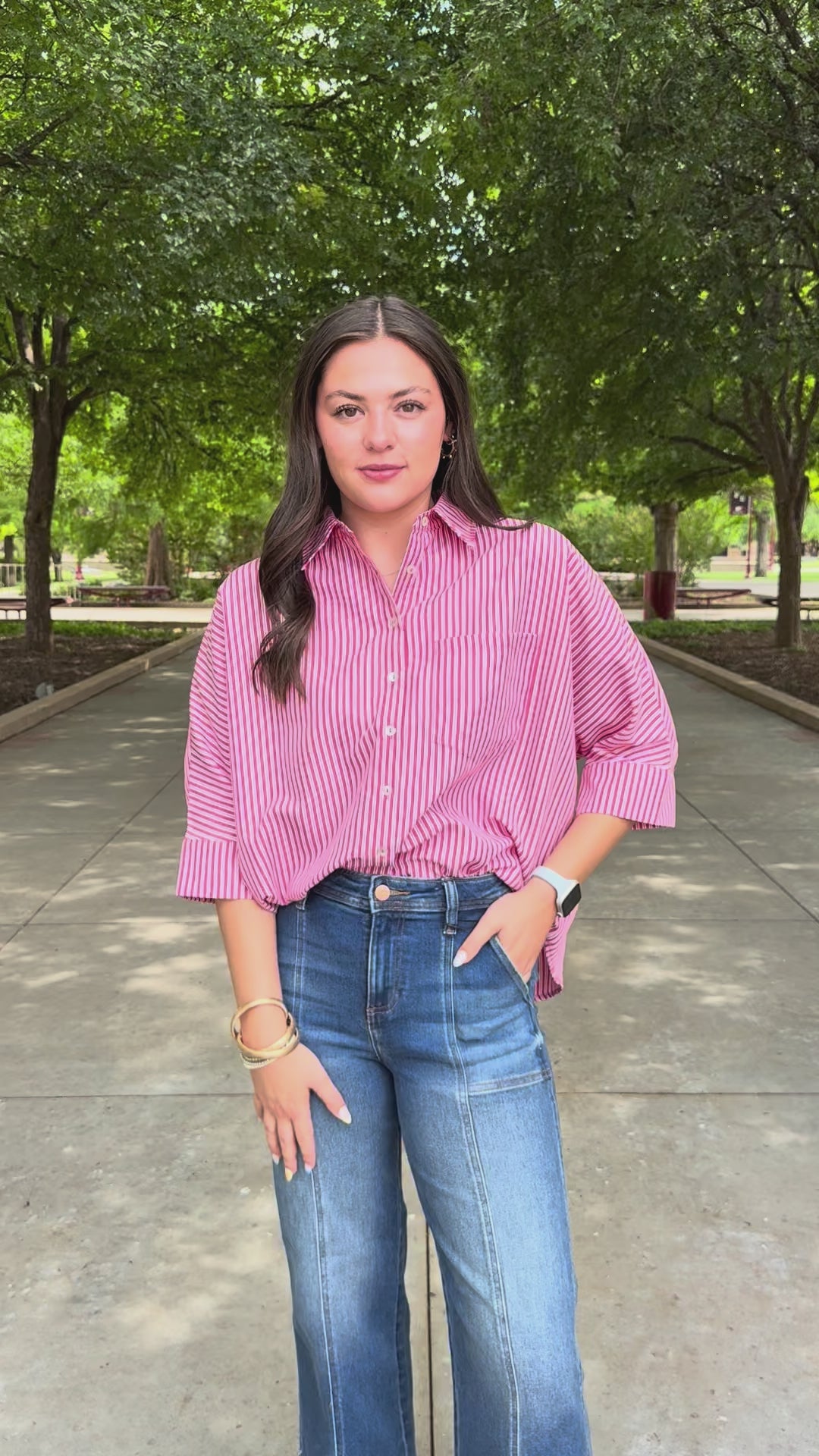 Red Relaxed Striped Button Up Top