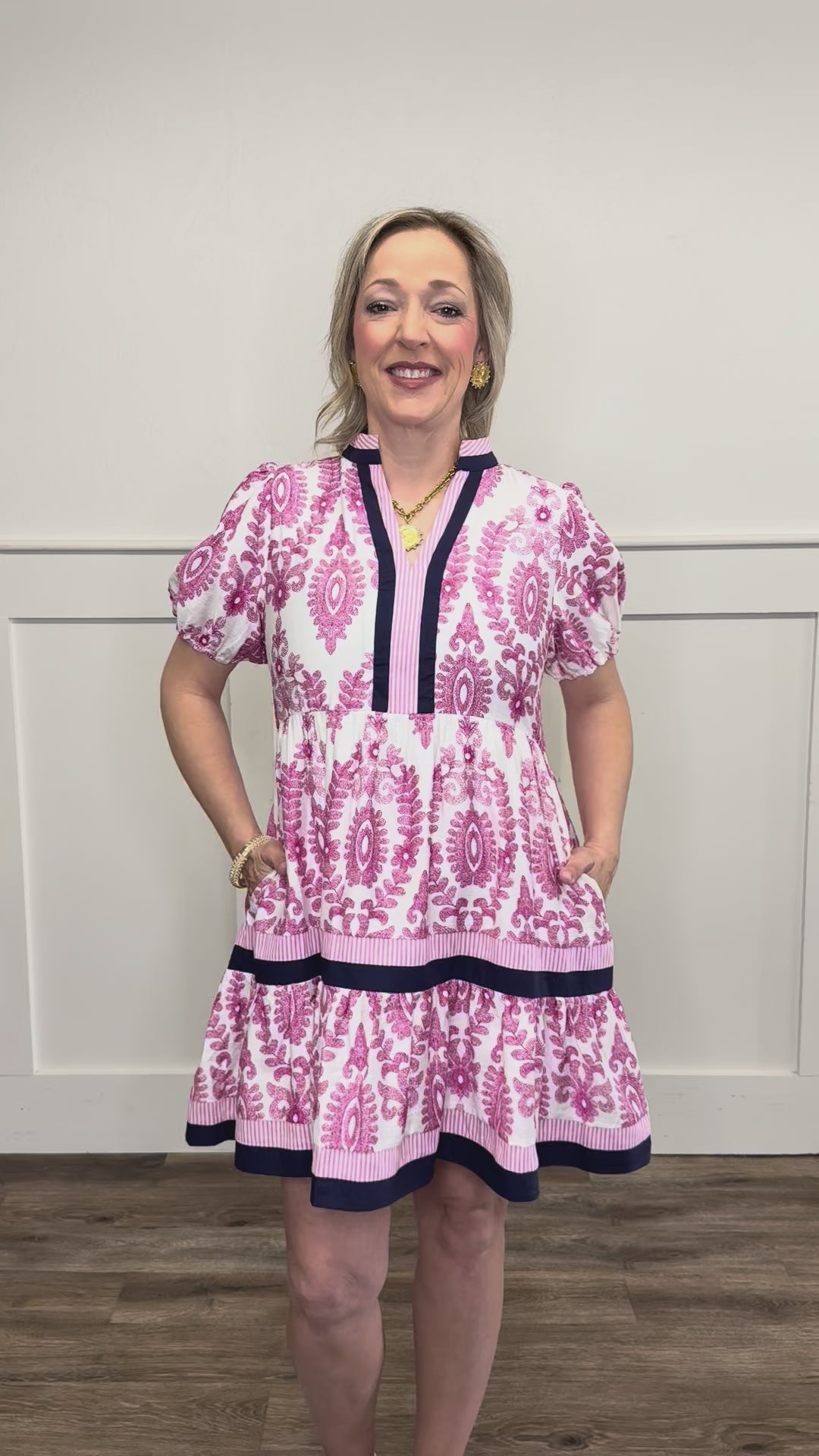 Magenta Morning Printed V-Neck Dress