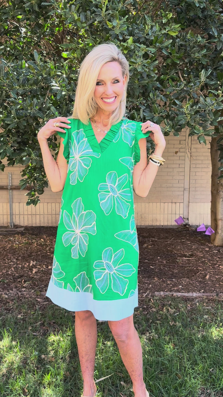 Garden Drift Green Ruffle Sleeve Dress
