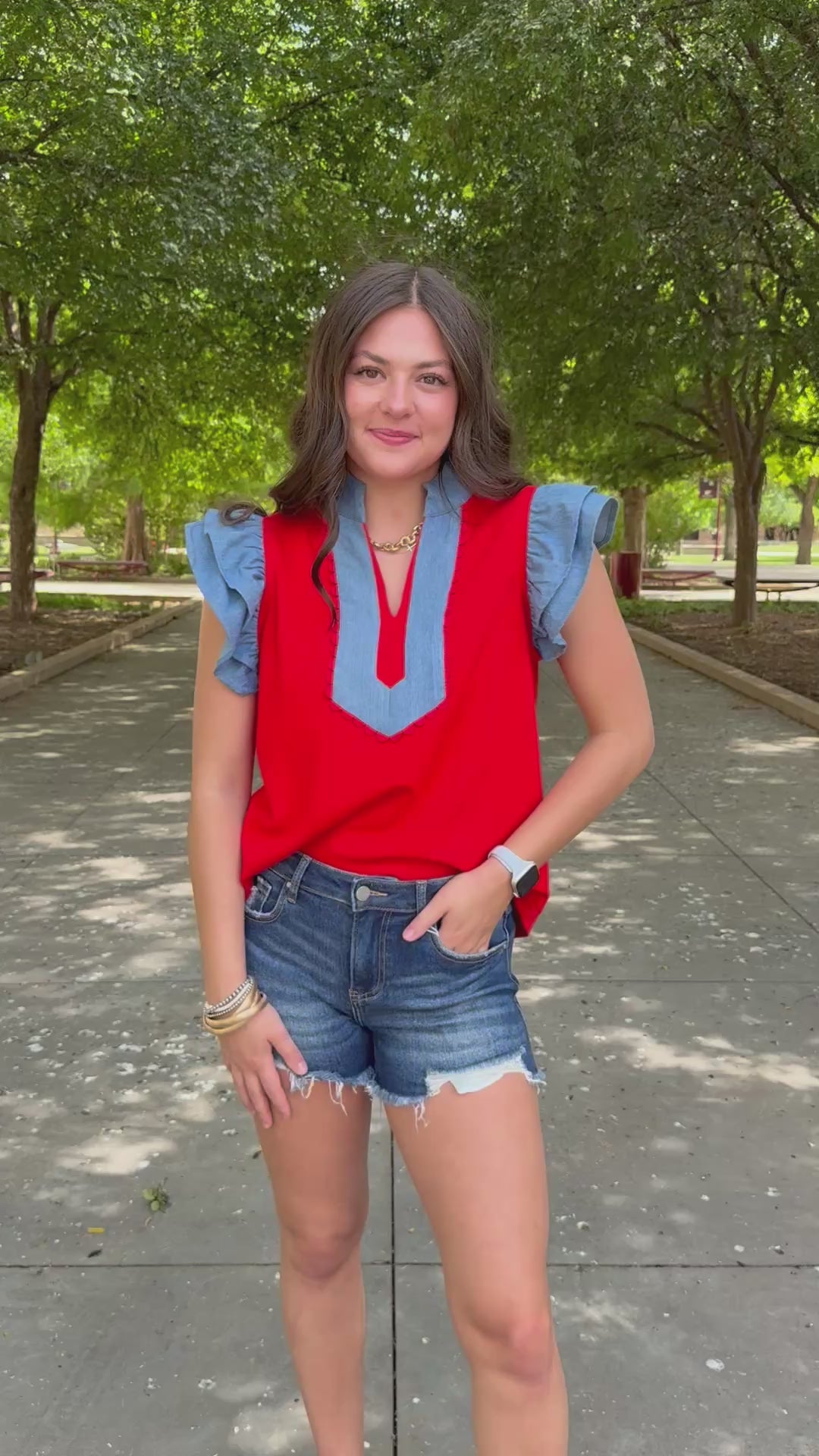 Sweet On Denim Red Ruffle Sleeve Top