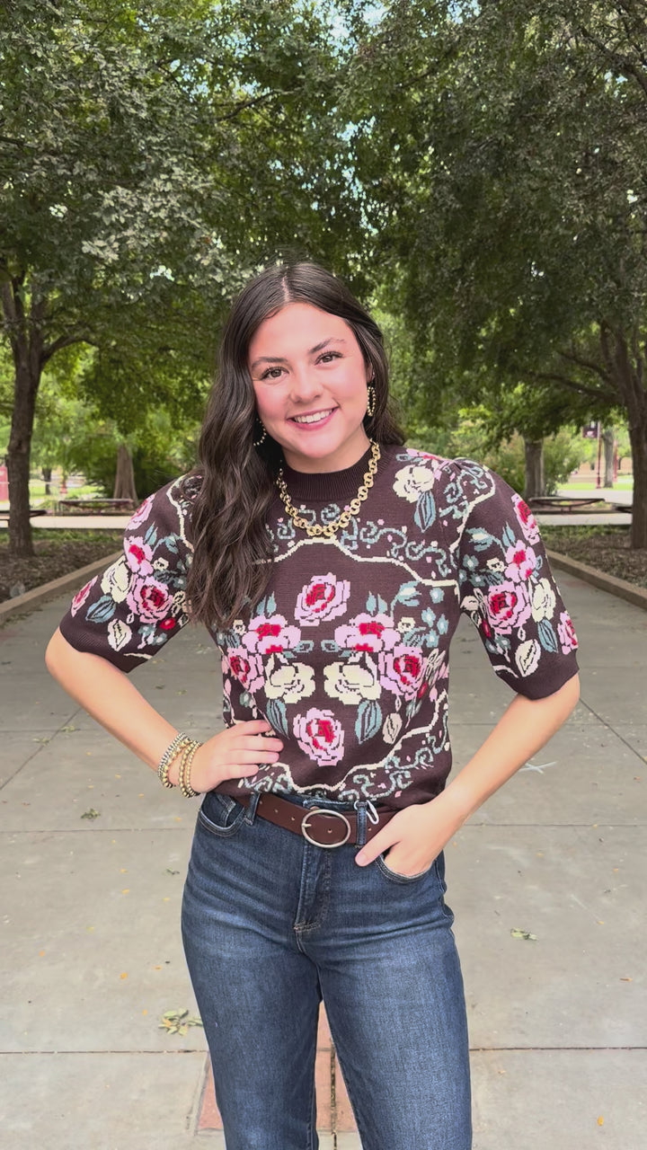 Sunday Ease Floral Short Sleeve Sweater by THML