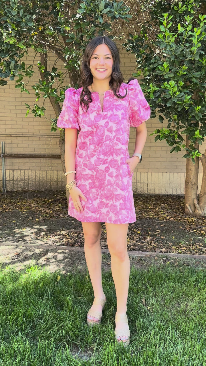 Pink Muse Puff Sleeve V-Neck Dress