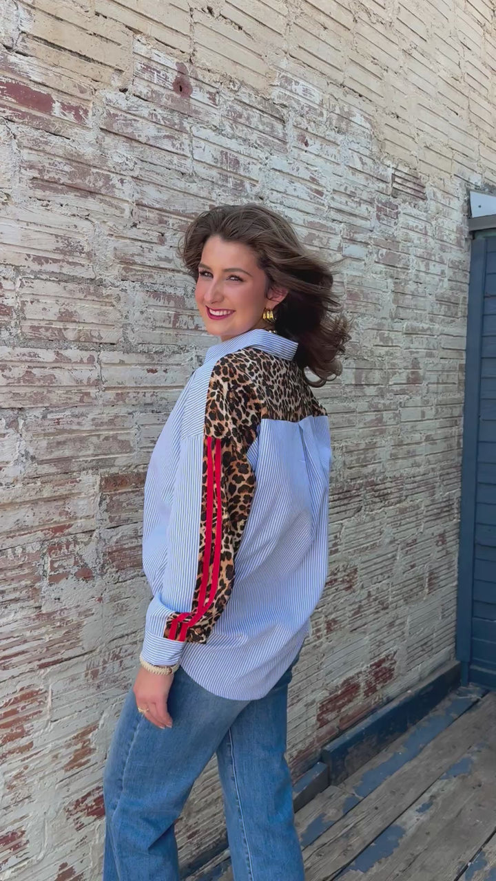 Leopard Edge Striped Button Up Blouse