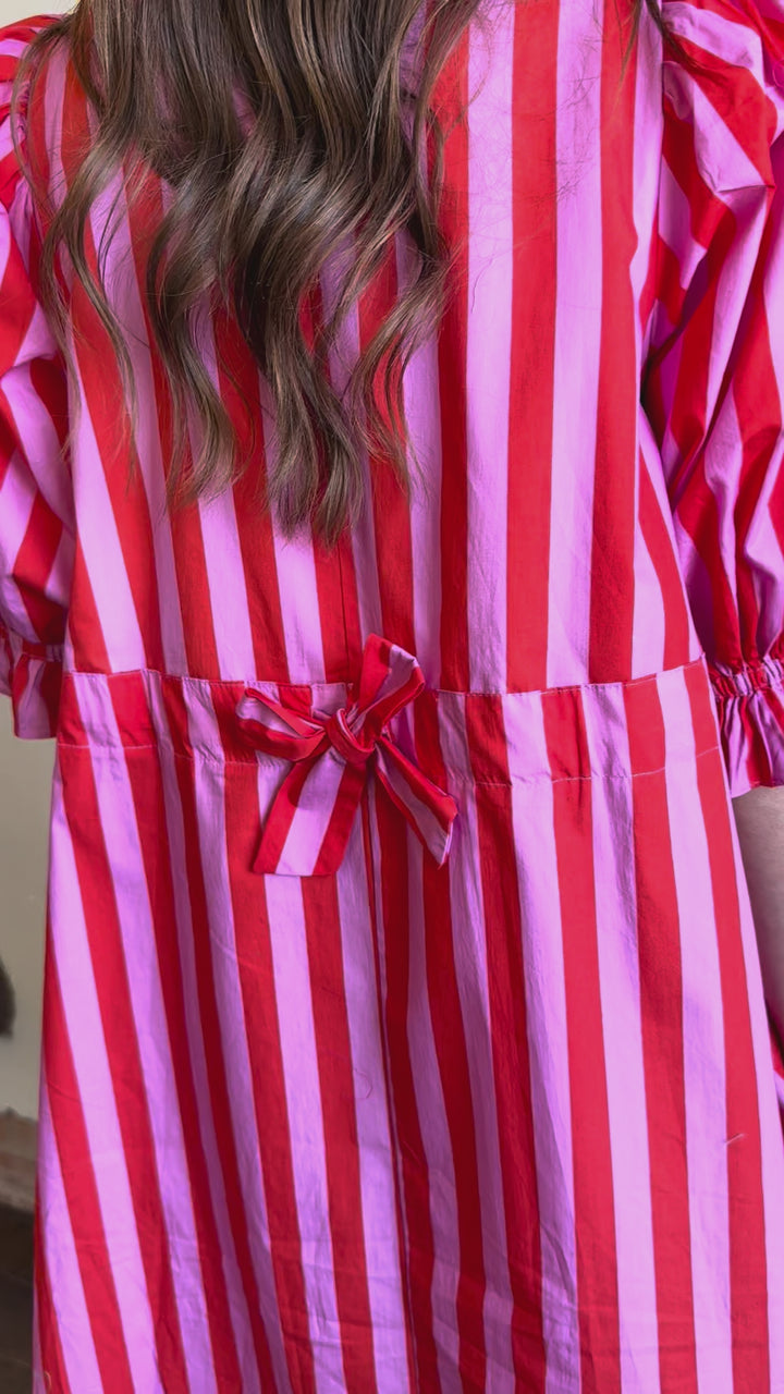 Blushing Pink Striped Puff Sleeve Dress
