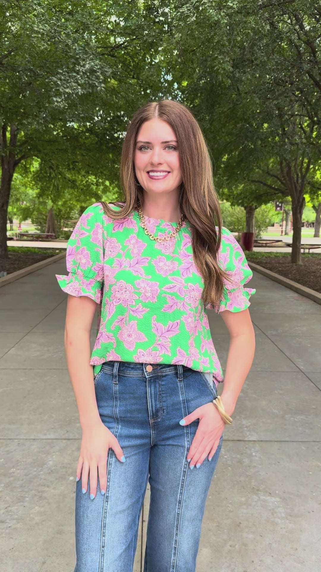 Green Floral Puff Sleeve Blouse