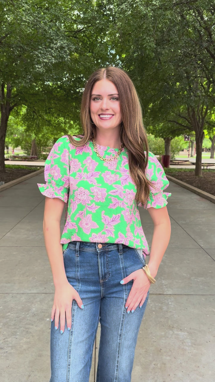 Green Floral Puff Sleeve Blouse