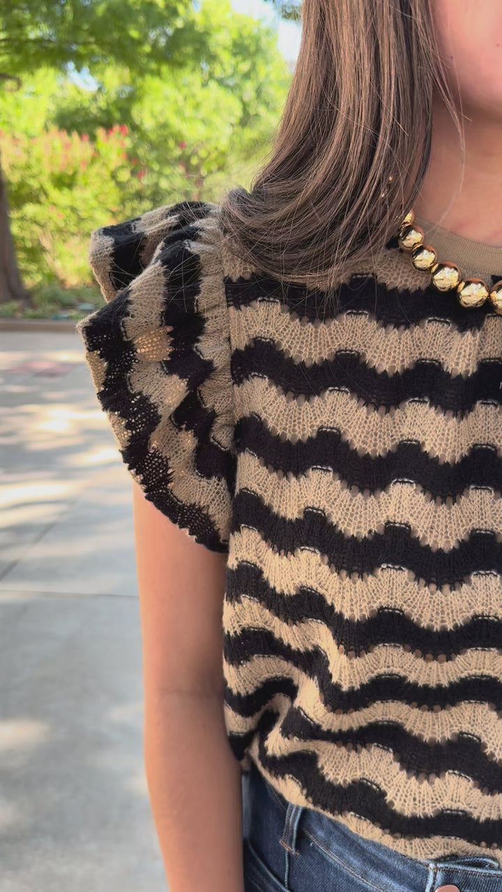 Brown Swirl Ruffle Sleeve Sweater