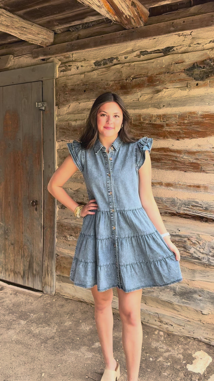 Playful Ruffle Chambray V-Neck Dress