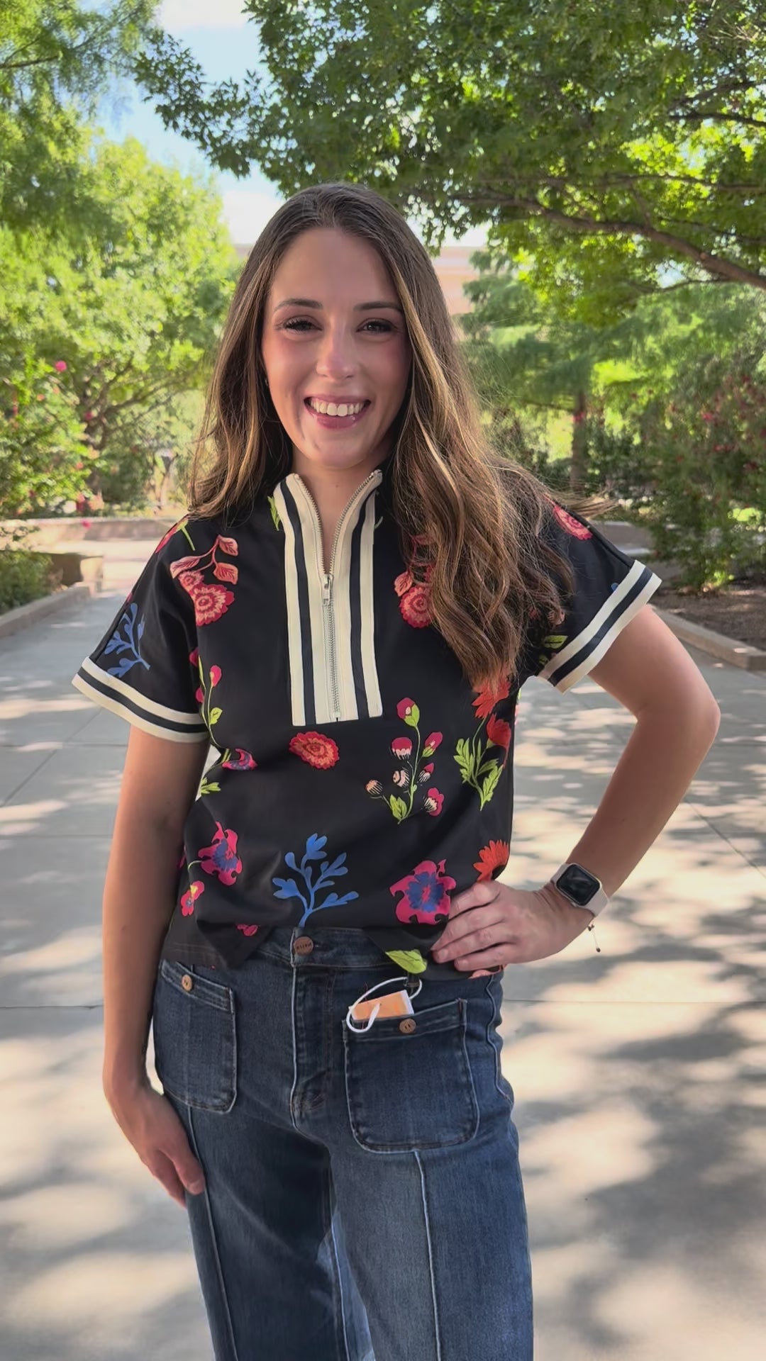 Field of Blooms Navy 1/4 Zip Top