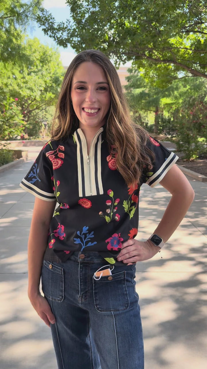 Field of Blooms Navy 1/4 Zip Top