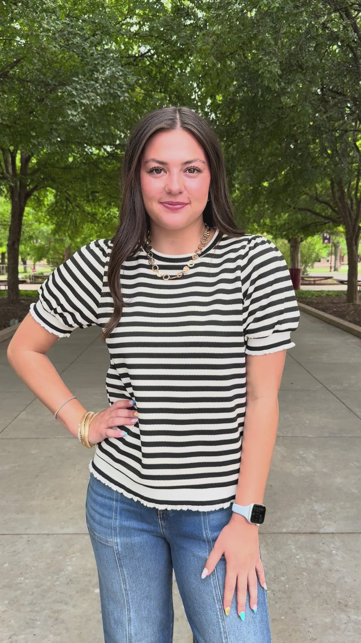 Back in Black Striped Puff Sleeve Top
