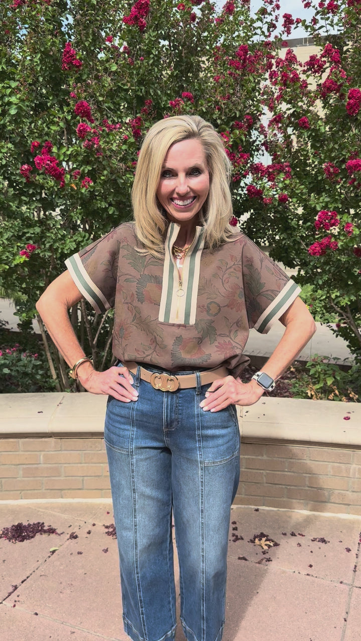 Soft Bloom Brown Floral 1/4 Zip Top