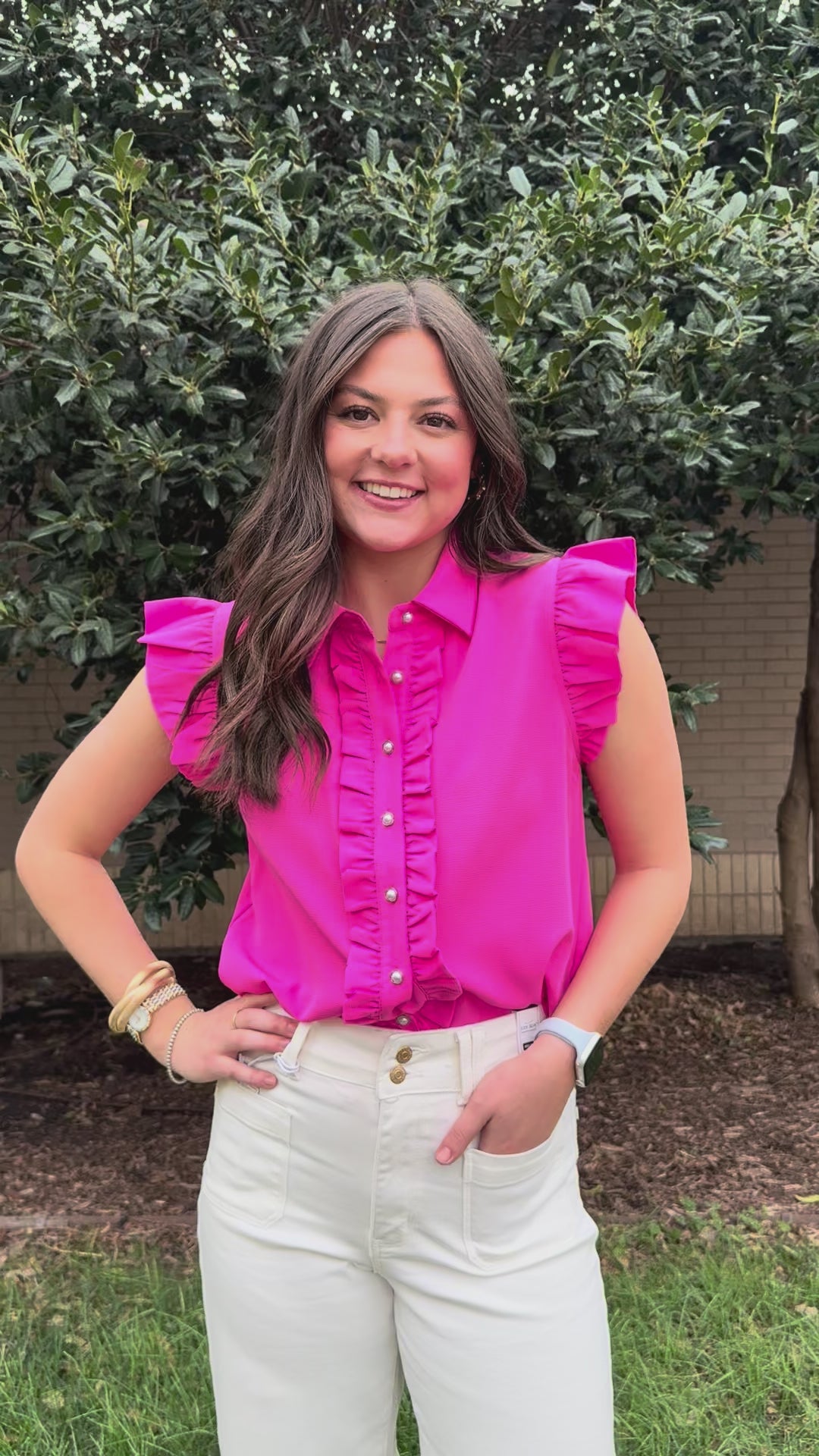 Evening Grace Short Sleeve Pearl Button Down Blouse