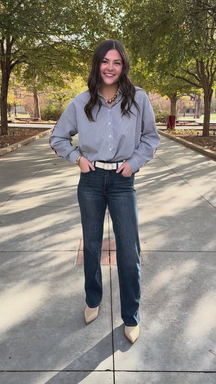 Leopard Edge Striped Button Up Top