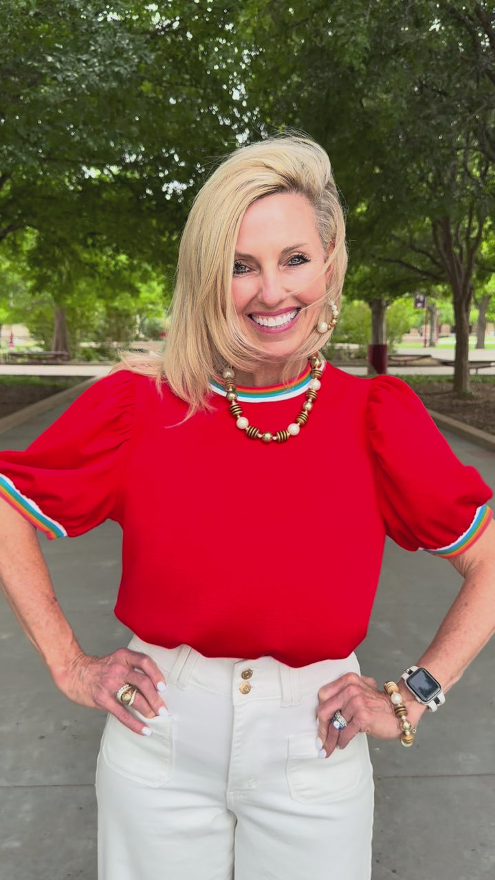 Painted Edge Red Puff Sleeve Top