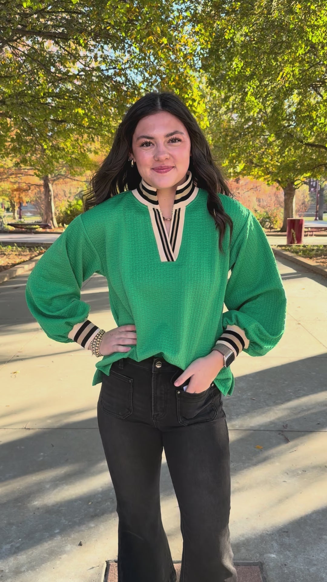 Green Textured Knit V-Neck Top