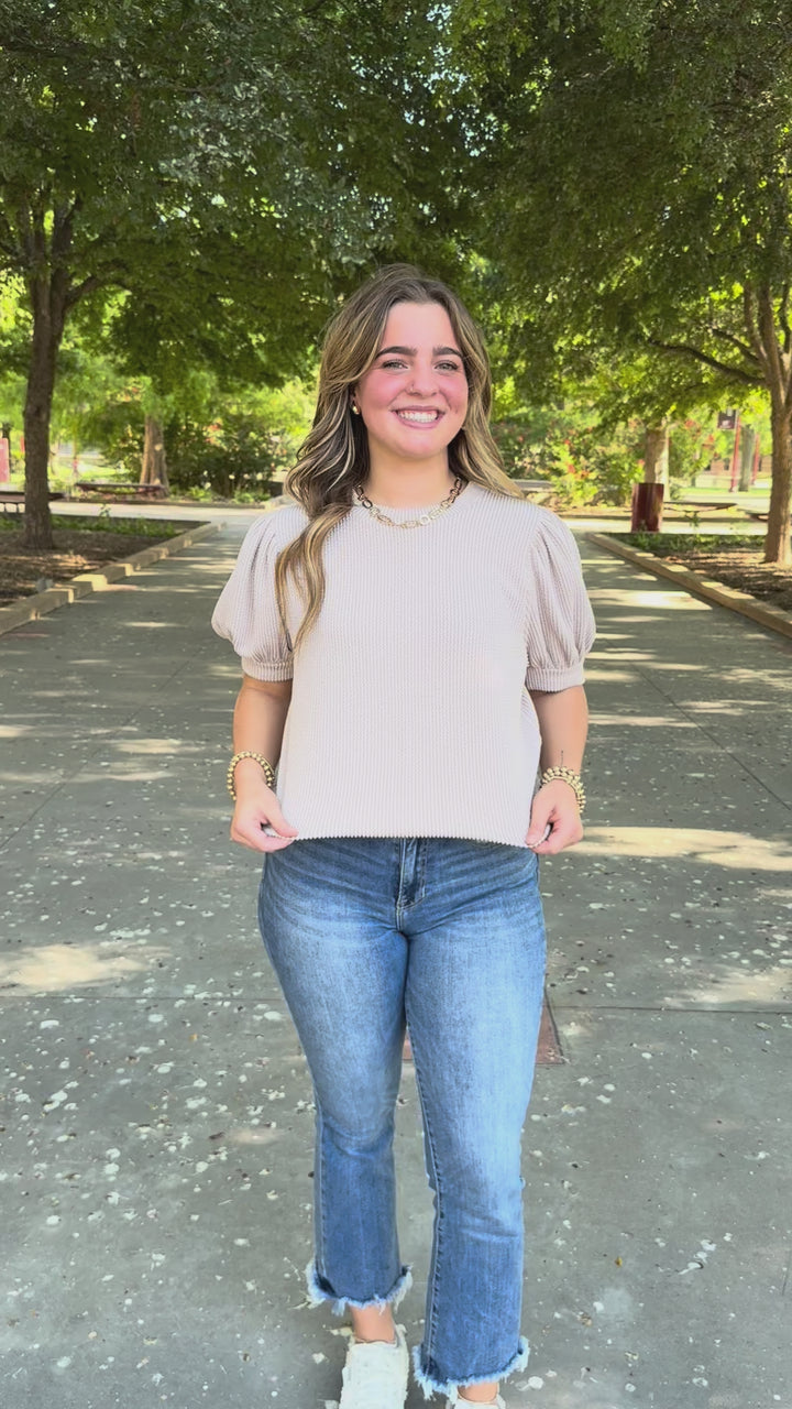 Easy Breezy Ribbed Puff Sleeve Top in Taupe