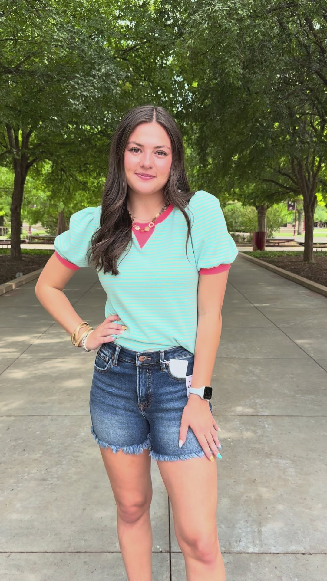 Turquoise & Melon Striped Puff Sleeve Top