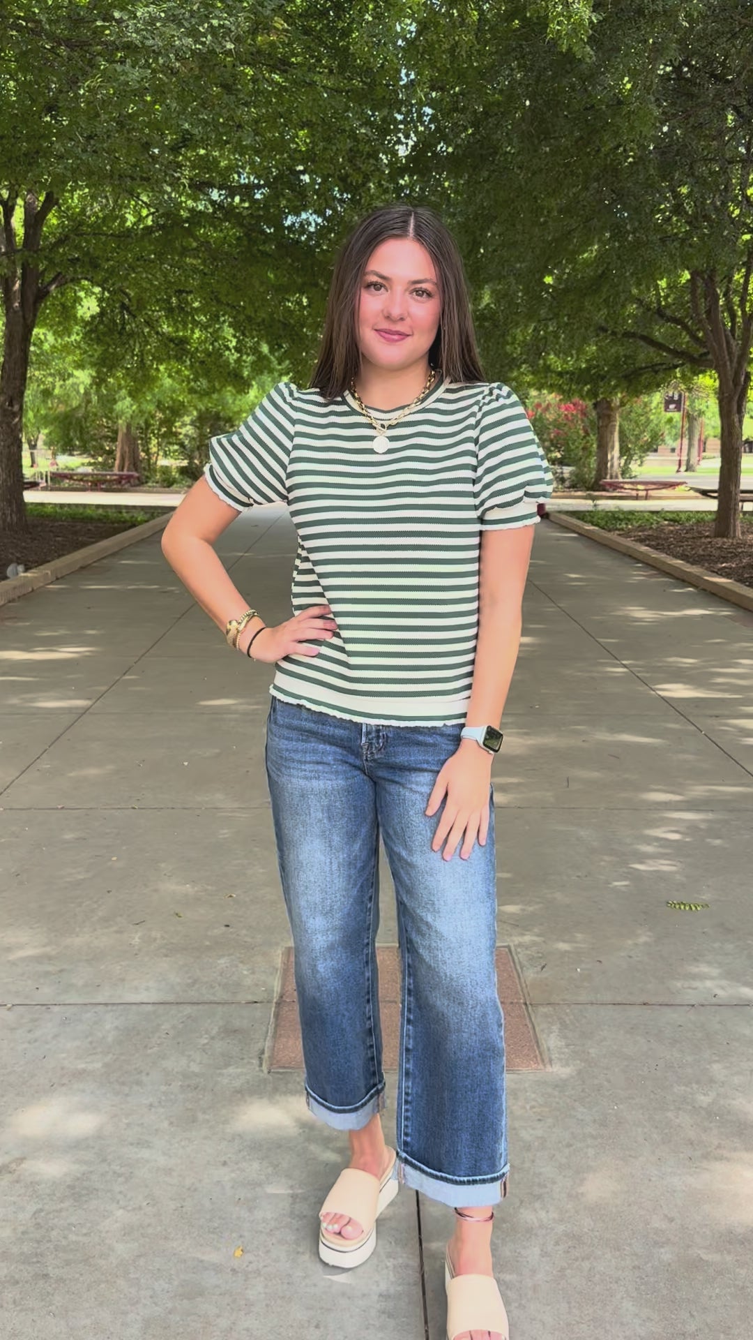 Soft Stripe Green Ruffle Hem Top