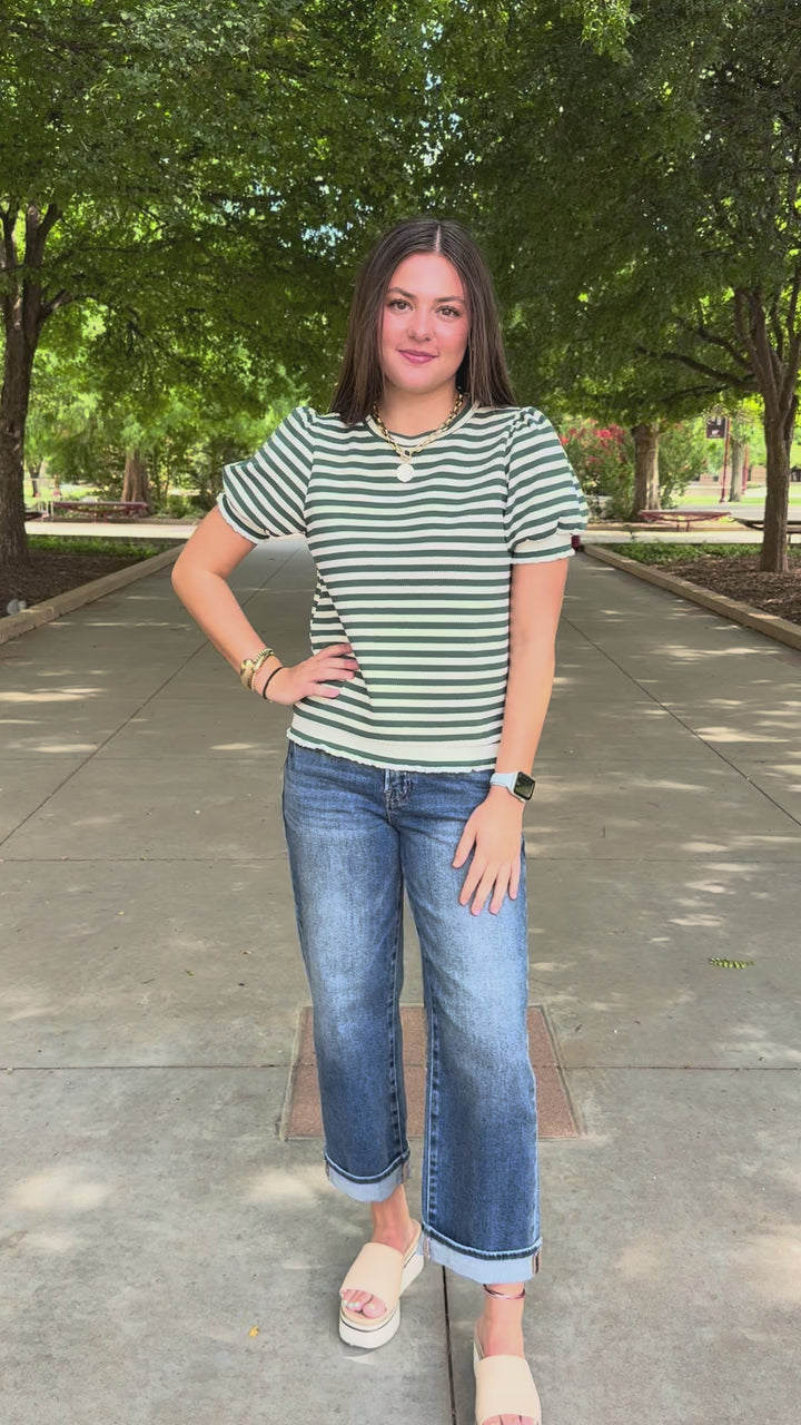 Soft Stripe Green Ruffle Hem Top