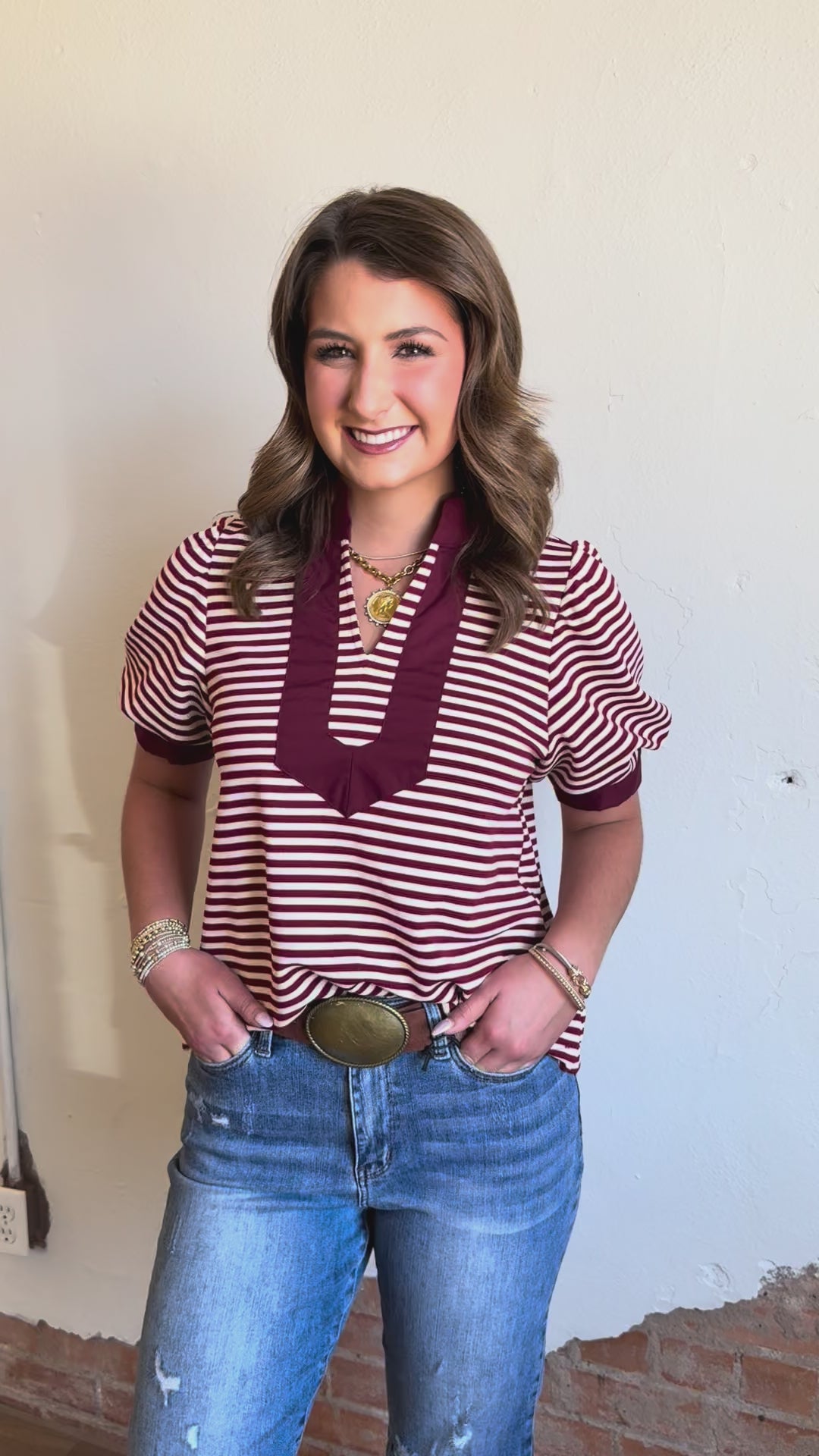 Made in Maroon Striped V-Neck Top
