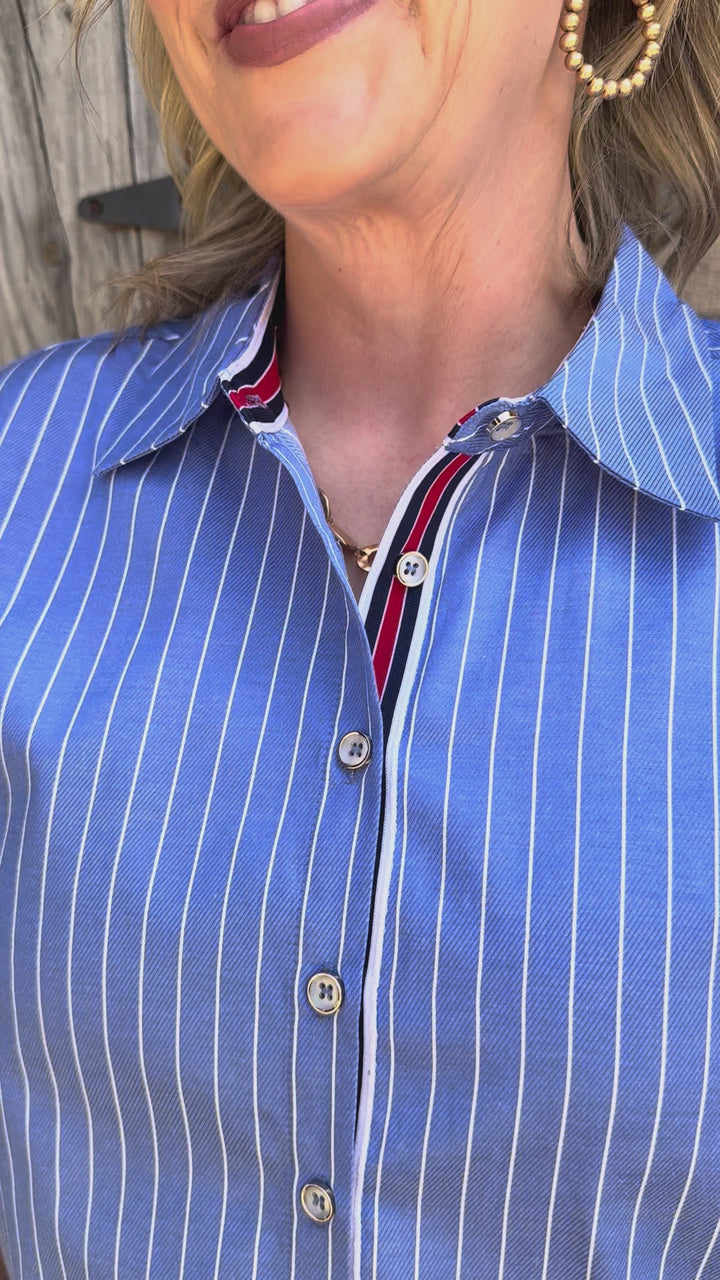 Buttoned in Blue Striped Top
