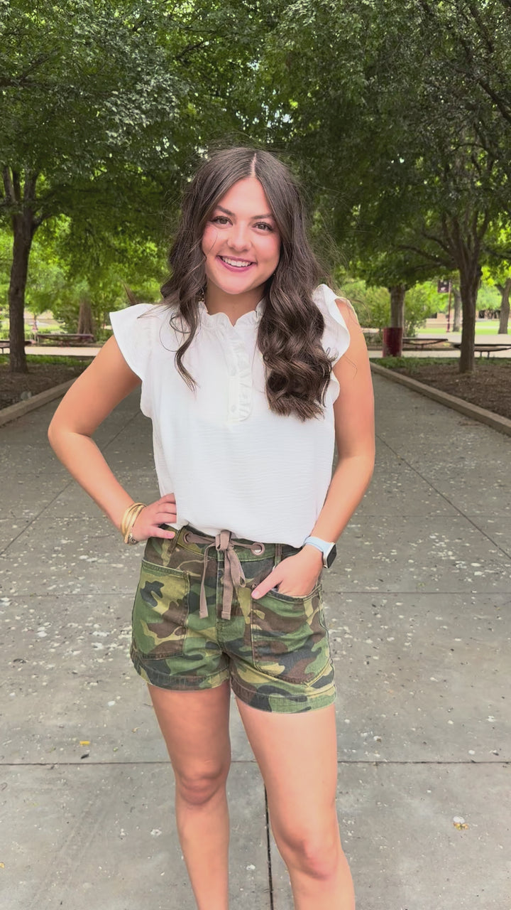 Kaia Camo High Rise Patch Pocket Shorts by Risen