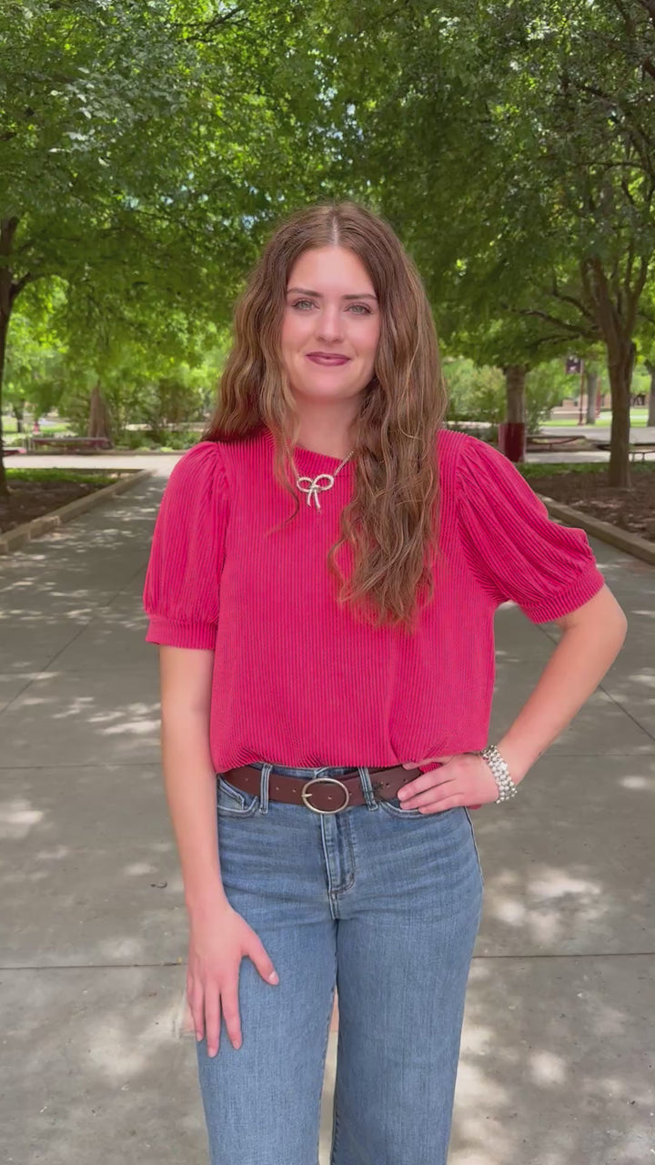 Easy Breezy Red Ribbed Puff Sleeve Top