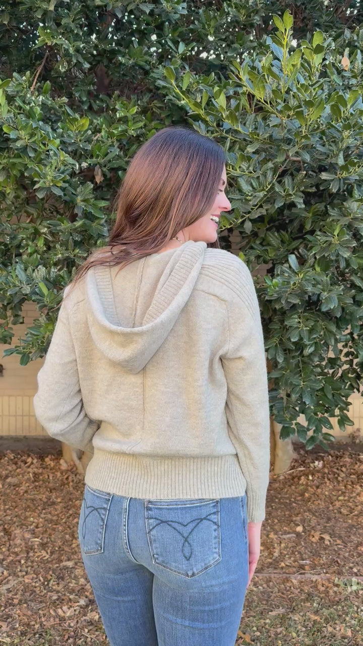 Knit and Cozy Taupe V-Neck Hoodie