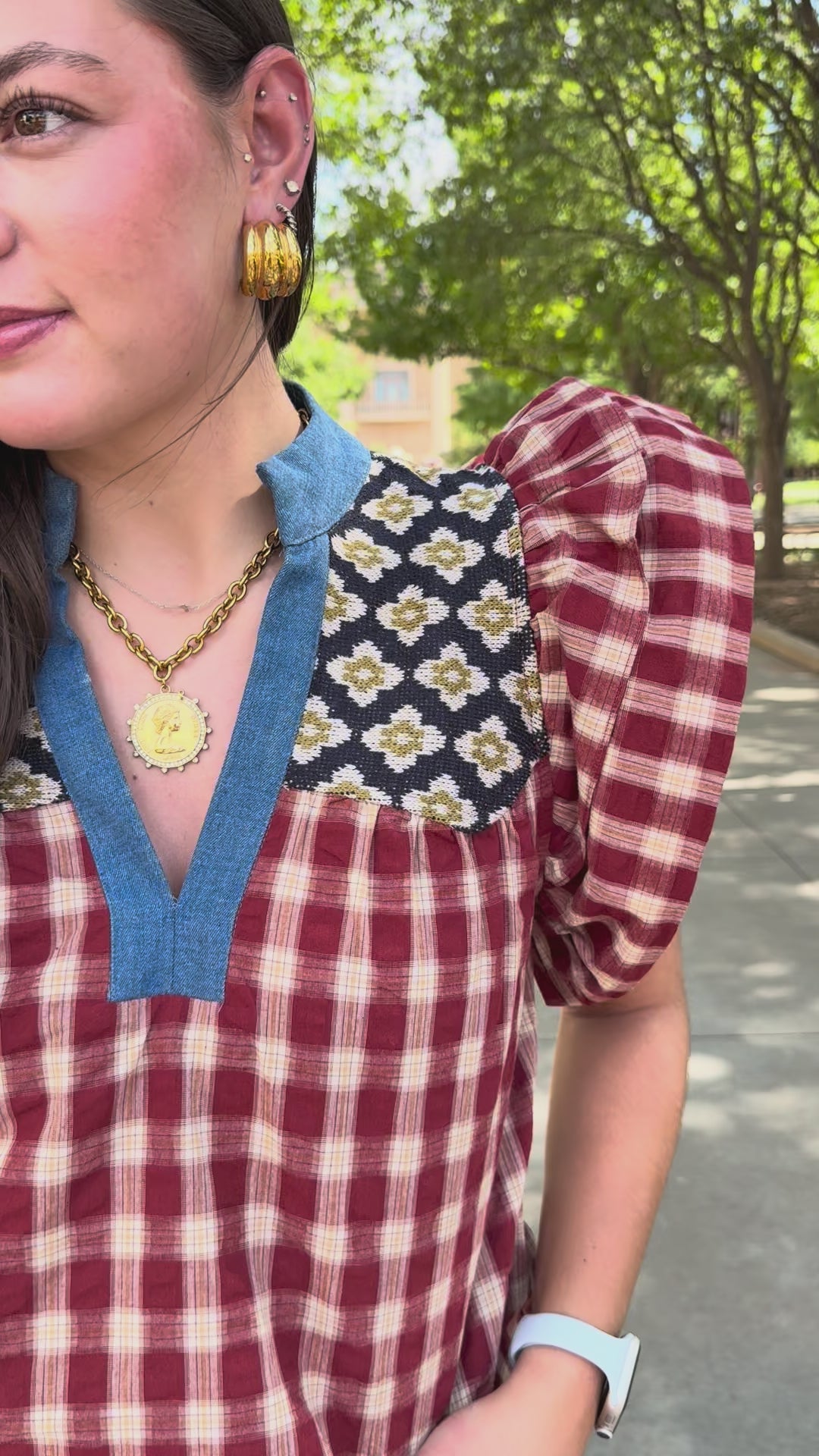 Little Patch Plaid Ruffle Sleeve Top by THML
